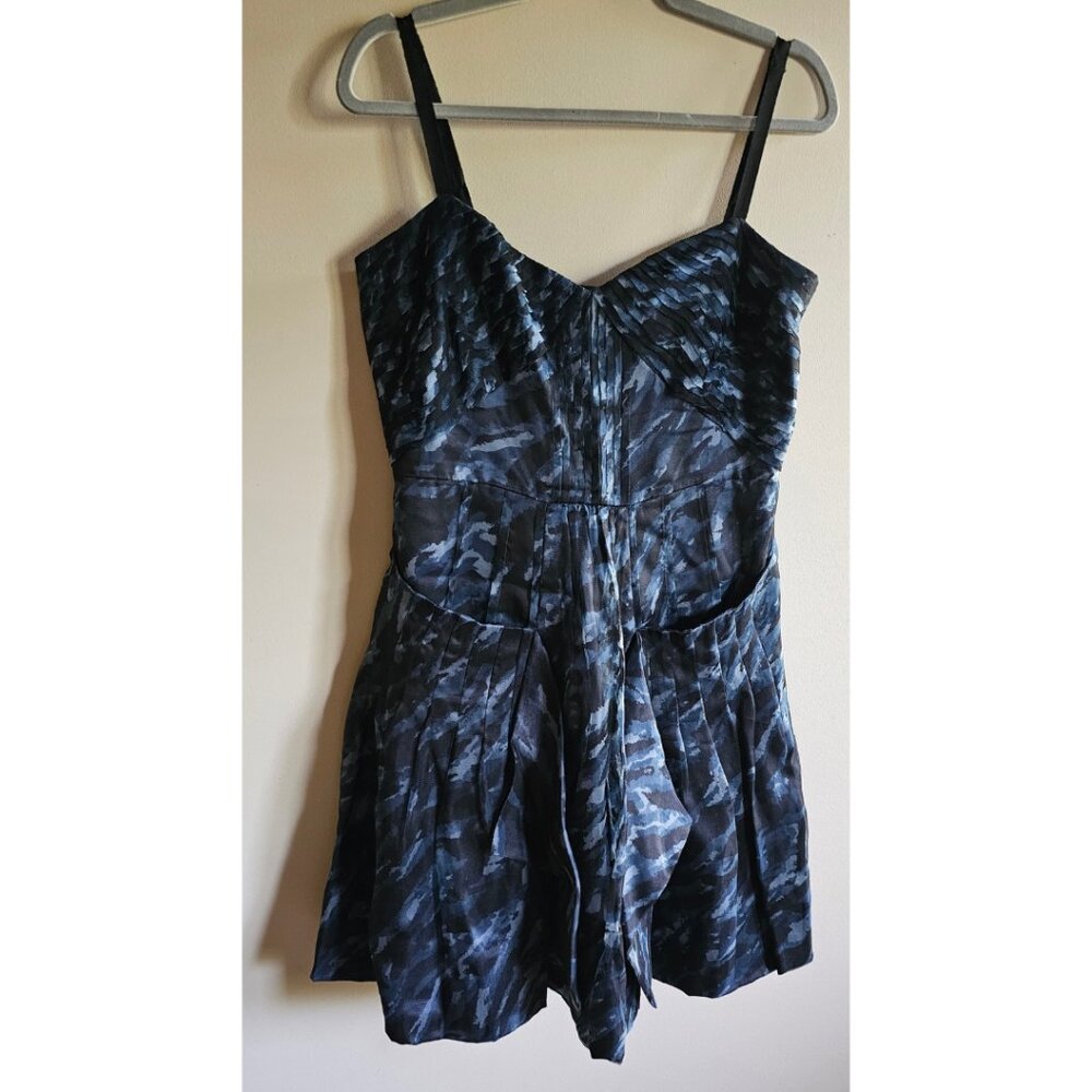 BCBG Silk Cocktail Dress Fit Flare Blue Black Print